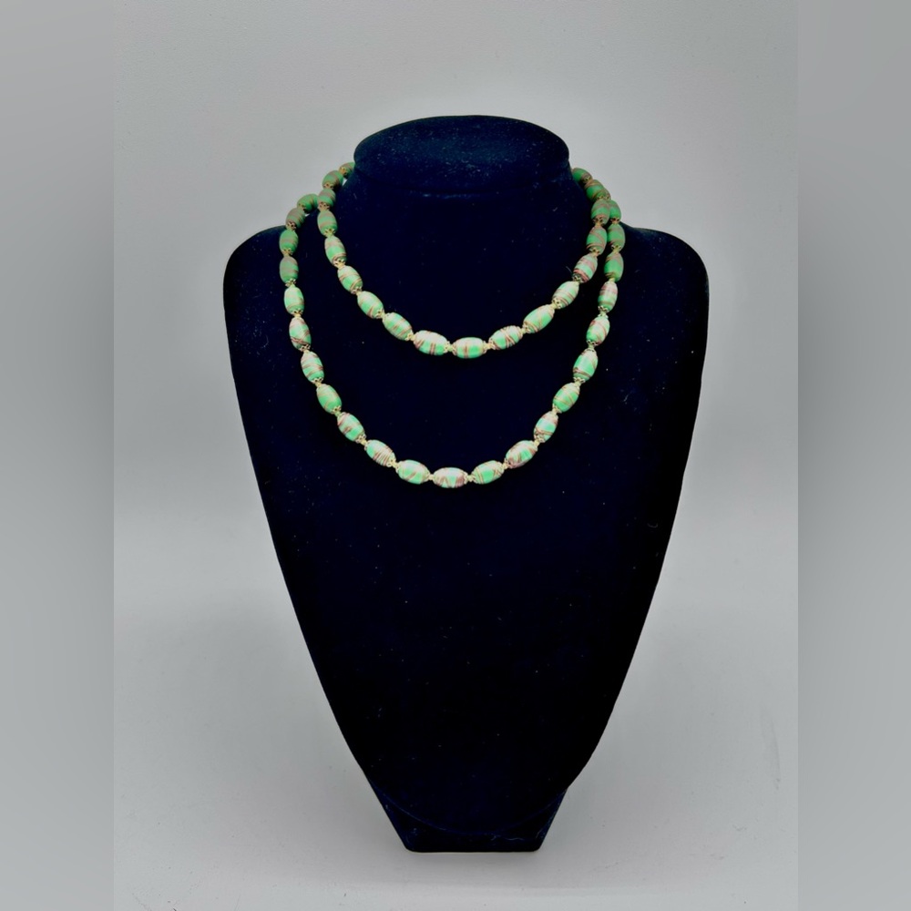 Vintage Swirled Clay Bead Necklace Bohemian Green Gold